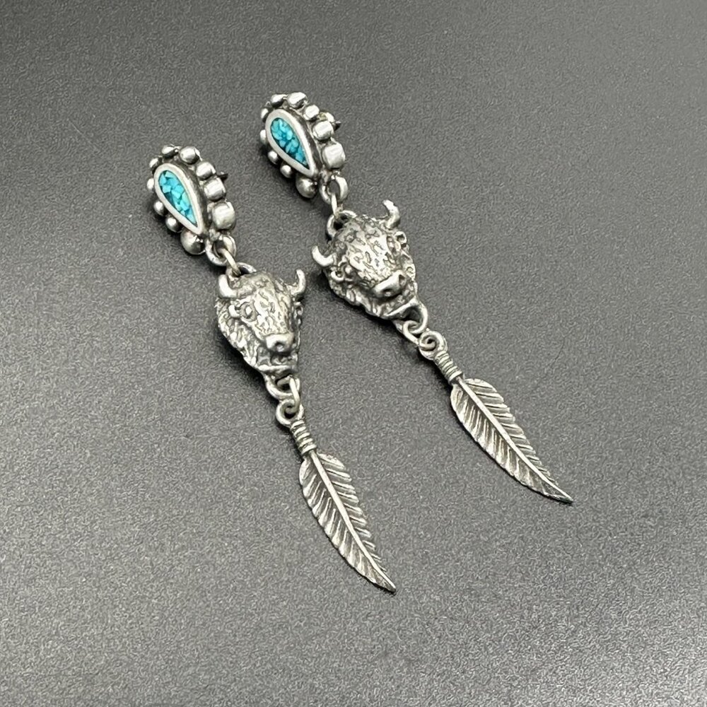 Buffalo Feather Drop Earrings Turquoise Inlay Western Silver Toned Metal